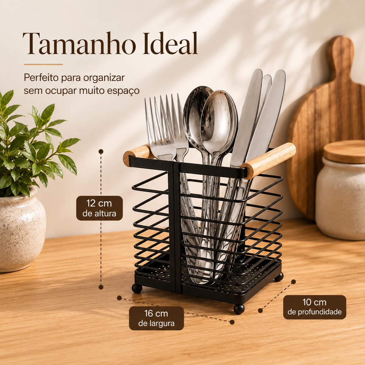 Porta Talheres de Madeira e Ferro Preto – Organizador para Cozinha e Mesa Posta