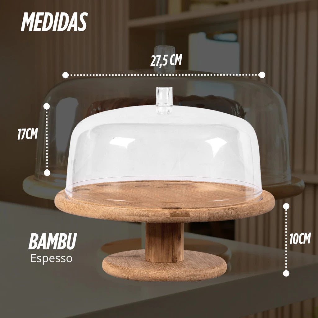 Boleira com Cúpula de Acrílico e Base de Bambu – 27,5cm