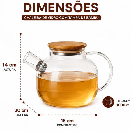 Chaleira de Vidro Borossilicato 1L com Filtro Inox e Tampa de Bambu – Para Fogão