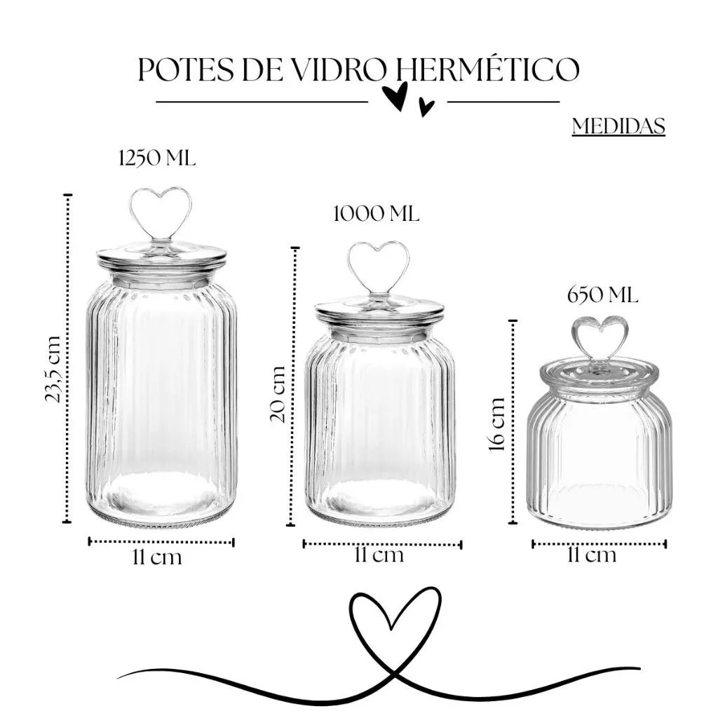 Trio Romântico Potes Herméticos de Vidro