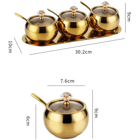 Kit 3 Potes para Condimentos em Aço Inox Dourado com Bandeja – Organizador Premium
