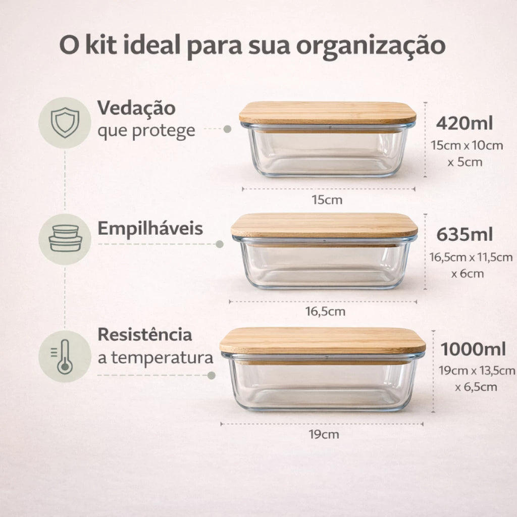 Kit com 3 Potes Herméticos de Vidro com Tampa de Bambu Retangular