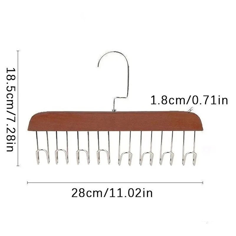 Kit 2 Cabides Multiuso de Madeira com 8 Ganchos para Gravatas, Cintos, Bonés e Acessórios