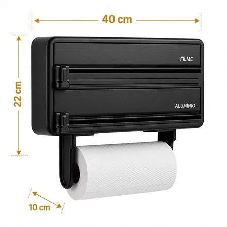Porta Papel Toalha 3 em 1 com Cortador para Filme PVC e Papel Alumínio
