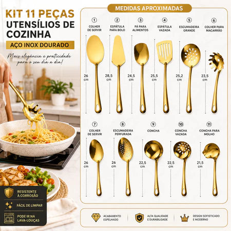 Kit 11 Utensílios de Cozinha em Aço Inoxidável Dourado – Conjunto Premium
