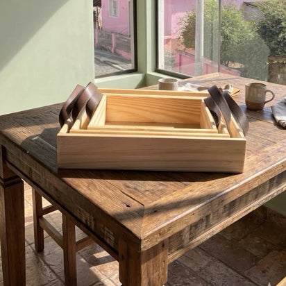 Kit 3 Bandejas de Madeira Pinus com Alças para Servir e Decorar