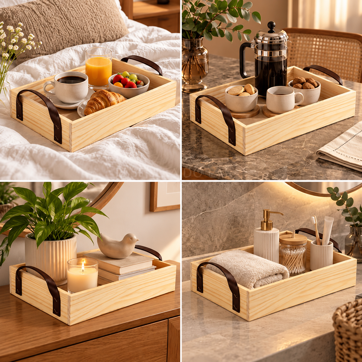 Kit 3 Bandejas de Madeira Pinus com Alças para Servir e Decorar