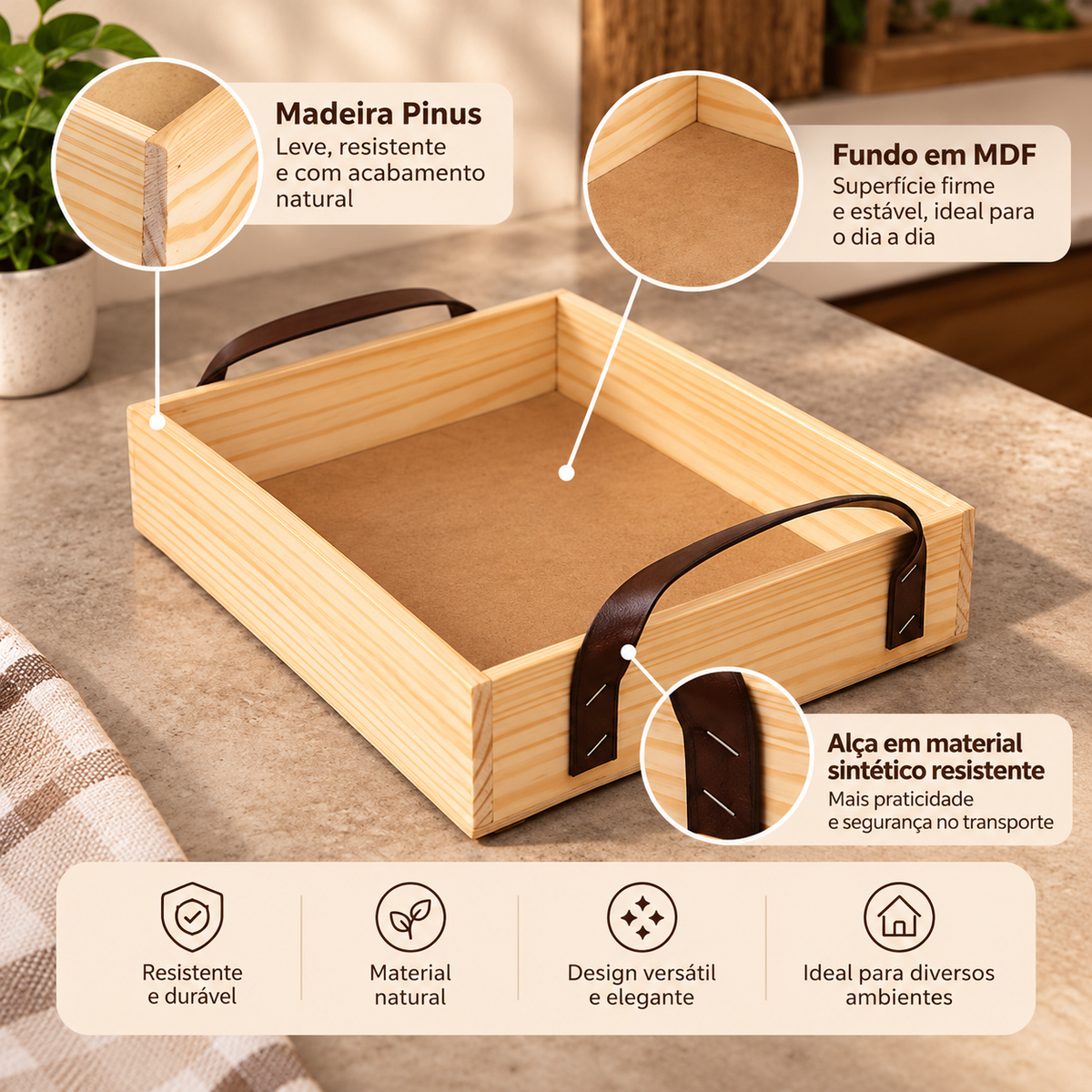 Kit 3 Bandejas de Madeira Pinus com Alças para Servir e Decorar