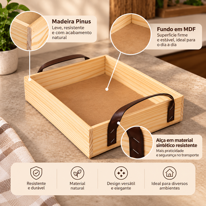 Kit 3 Bandejas de Madeira Pinus com Alças para Servir e Decorar