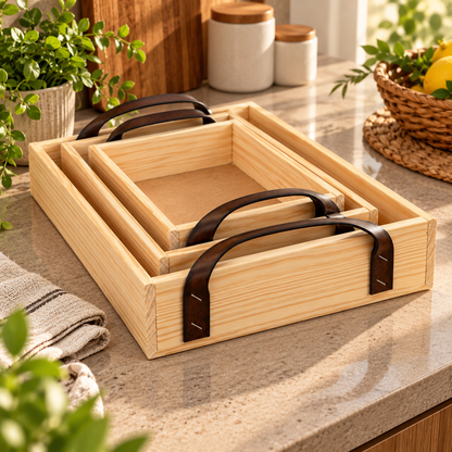 Kit 3 Bandejas de Madeira Pinus com Alças para Servir e Decorar