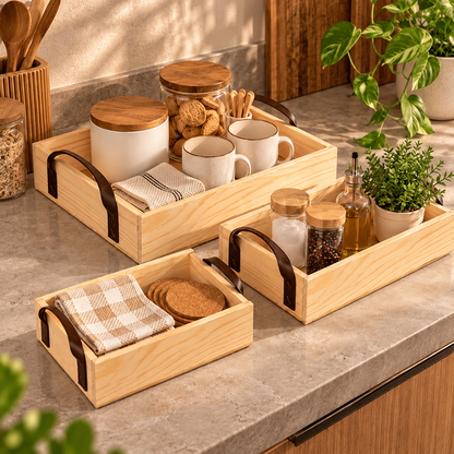 Kit 3 Bandejas de Madeira Pinus com Alças para Servir e Decorar