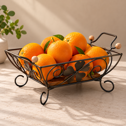 Fruteira de Mesa Quadrada de Madeira e Ferro Floral