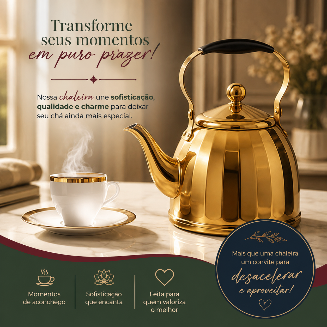 Chaleira Dourada com Infusor para Chá