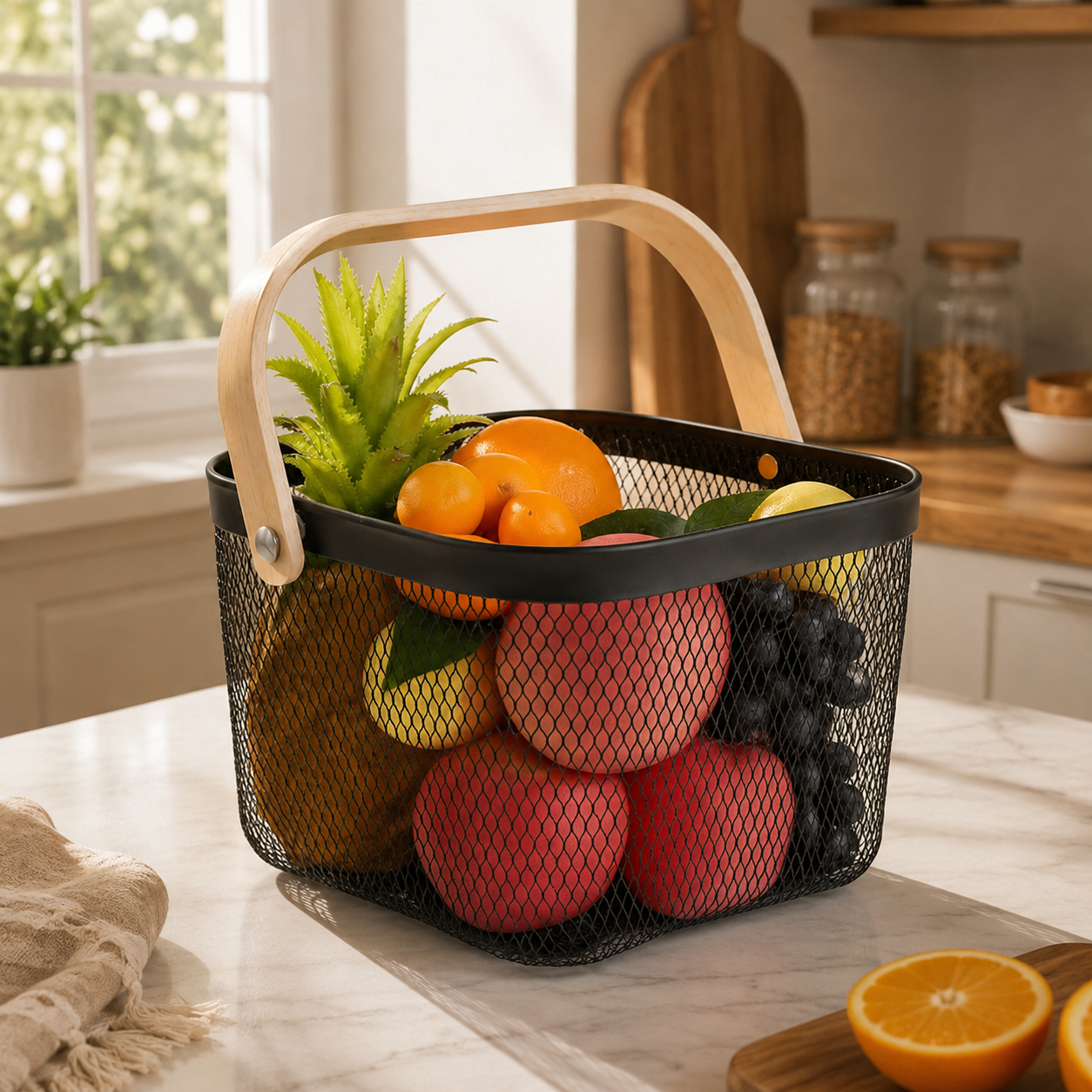 Fruteira Aramada Multiuso Alça Bambu
