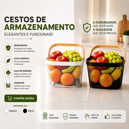 Fruteira Aramada Multiuso Alça Bambu