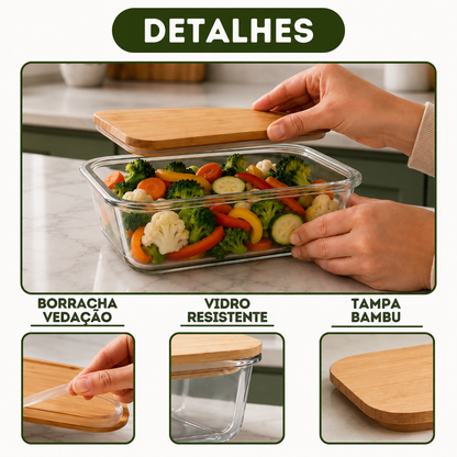 Kit com 3 Potes Herméticos de Vidro com Tampa de Bambu Retangular
