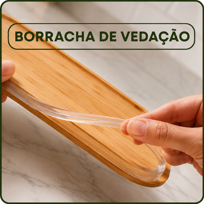 Kit com 3 Potes Herméticos de Vidro com Tampa de Bambu Retangular