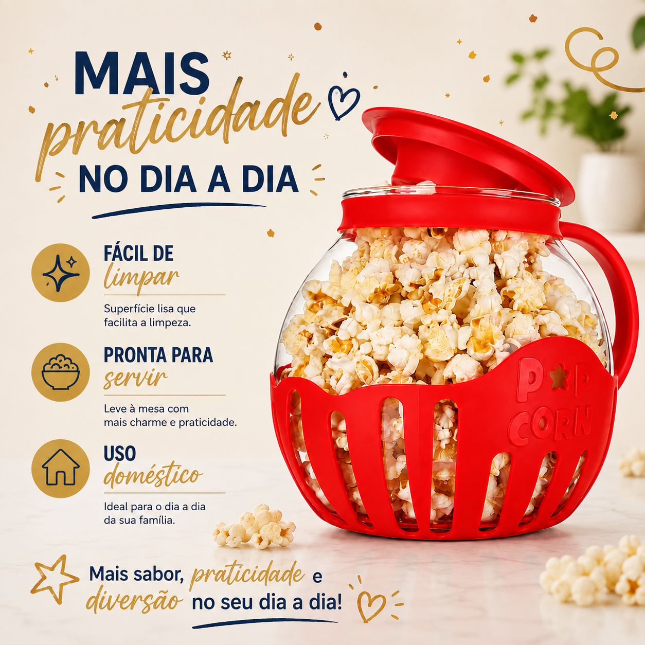 Pipoqueira de Vidro Borossilicato para Micro-ondas 2,25L – Pipoca Fácil e Saudável