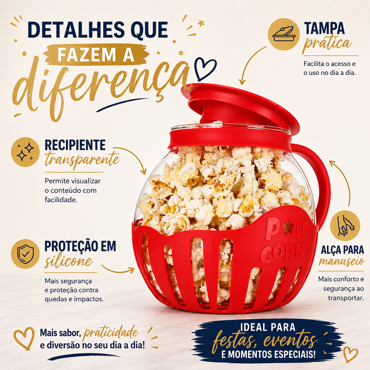 Pipoqueira de Vidro Borossilicato para Micro-ondas 2,25L – Pipoca Fácil e Saudável
