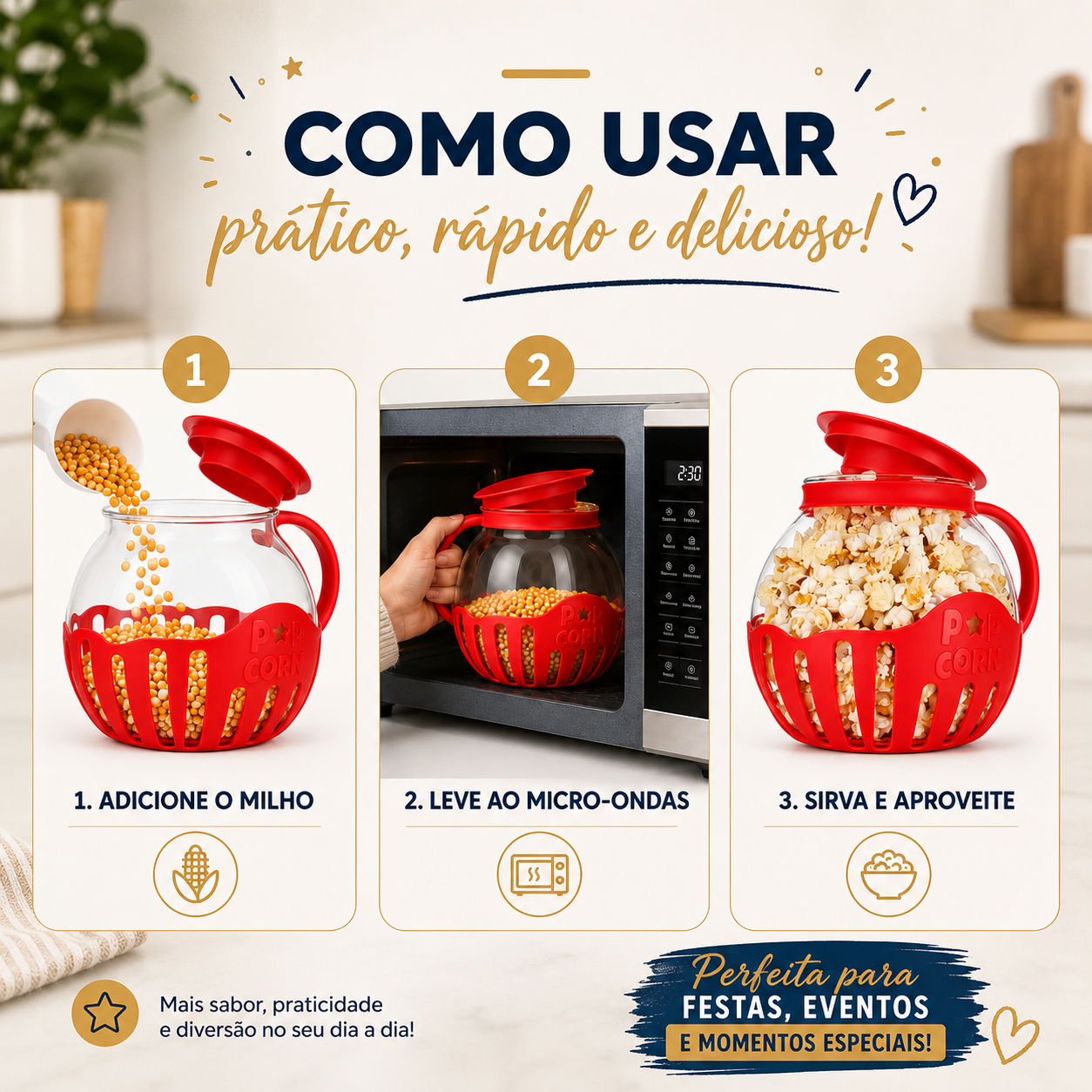 Pipoqueira de Vidro Borossilicato para Micro-ondas 2,25L – Pipoca Fácil e Saudável