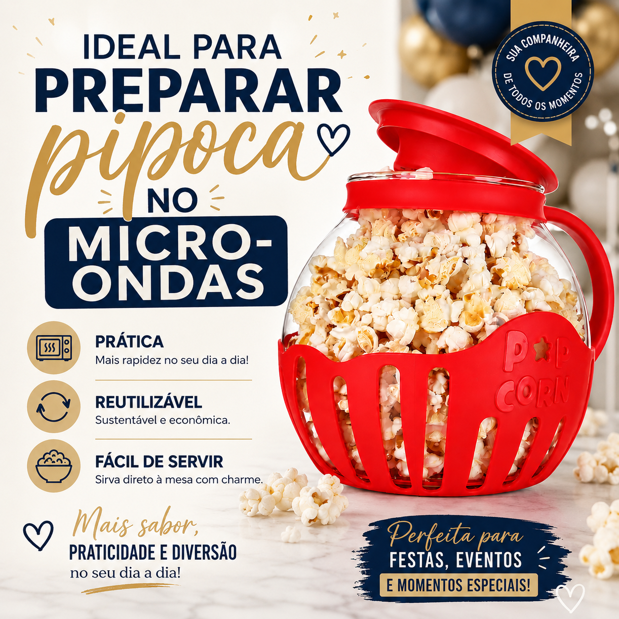 Pipoqueira de Vidro Borossilicato para Micro-ondas 2,25L – Pipoca Fácil e Saudável