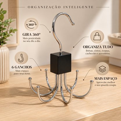 Cabide Organizador Multiuso Giratório 6 Ganchos Housee