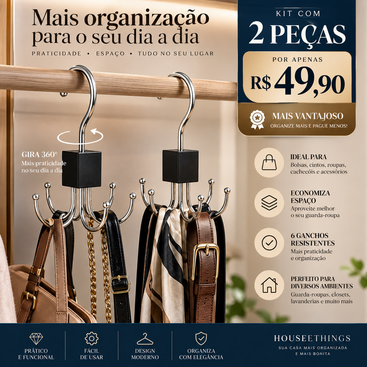 Cabide Organizador Multiuso Giratório 6 Ganchos Housee