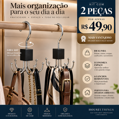 Cabide Organizador Multiuso Giratório 6 Ganchos Housee