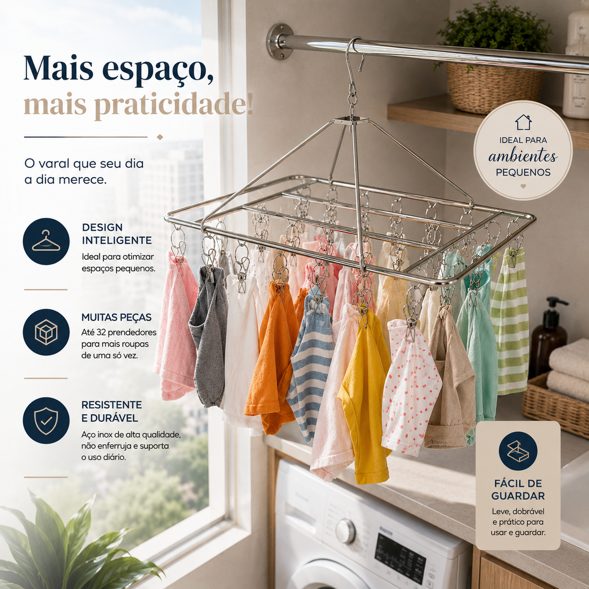 Cabide Varal Portátil em Aço Inox Premium – Organize e Seque Suas Roupas com Muito Mais Praticidade