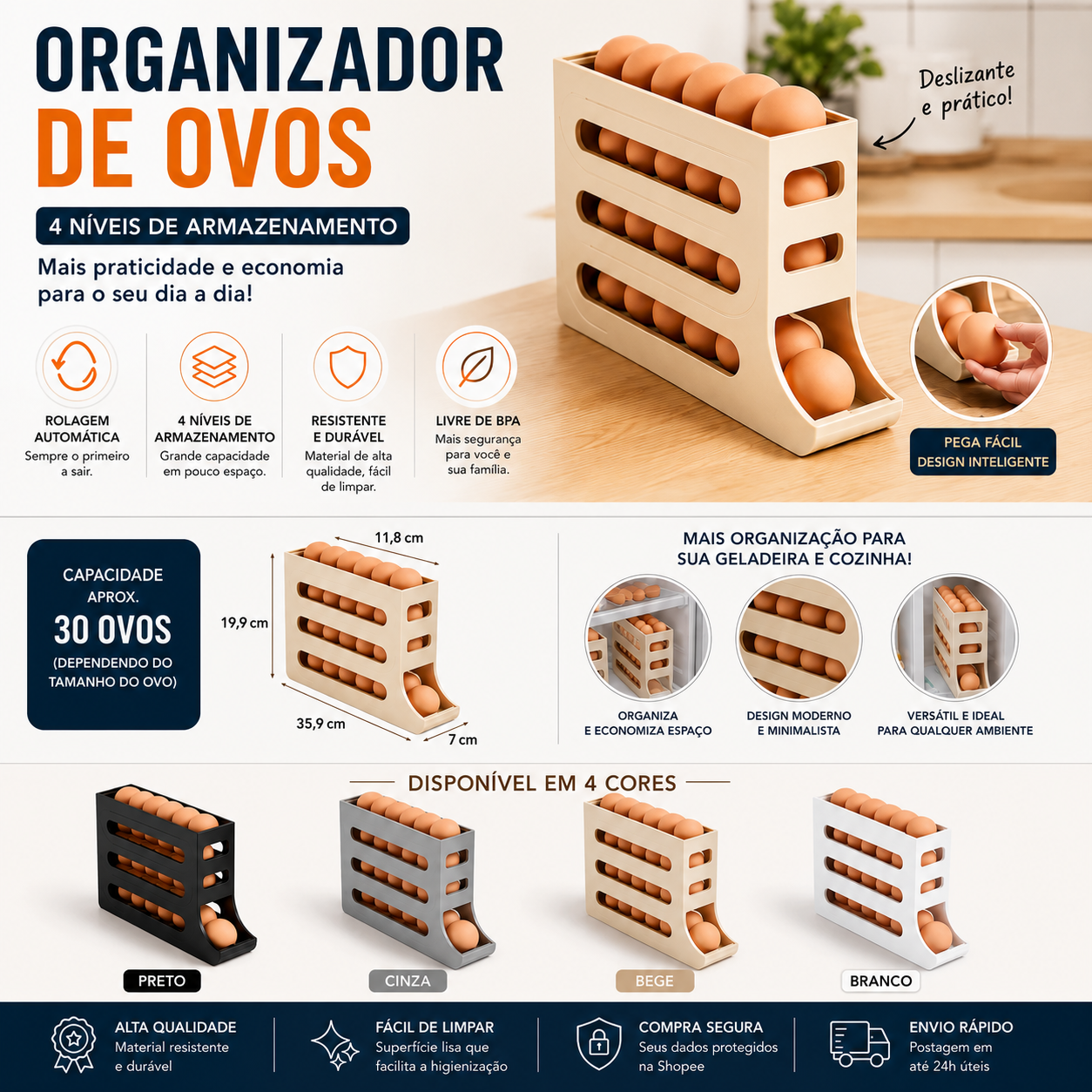 Organizador de Ovos 4 Níveis para Geladeira | Porta Ovos Deslizante com Capacidade para Até 30 Ovos