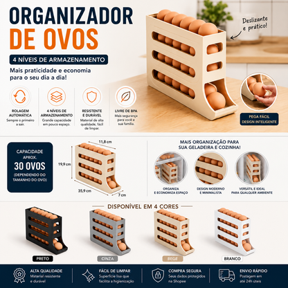 Organizador de Ovos 4 Níveis para Geladeira | Porta Ovos Deslizante com Capacidade para Até 30 Ovos