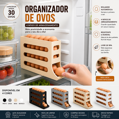 Organizador de Ovos 4 Níveis para Geladeira | Porta Ovos Deslizante com Capacidade para Até 30 Ovos