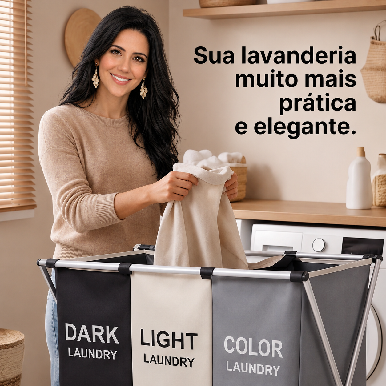 Cesto Organizador de Roupas Dobrável Triplo Premium – 3 Divisórias para Separação Inteligente | Estrutura Reforçada