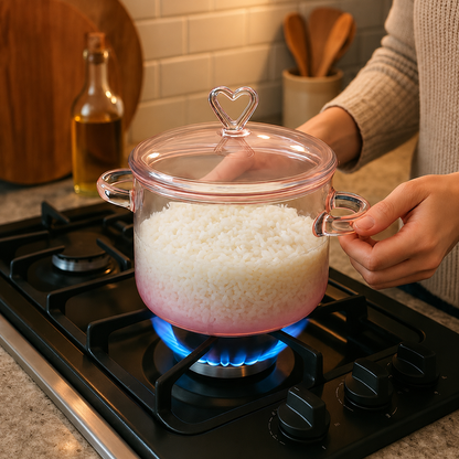 Panela Caçarola de Vidro Rosa Tampa Coração
