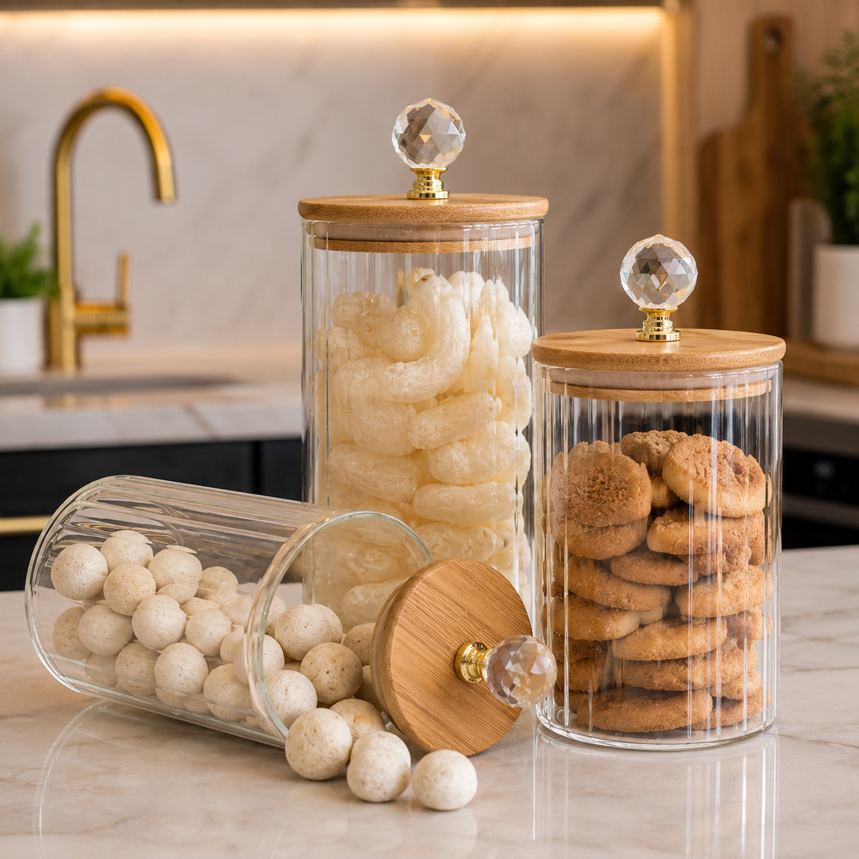 Kit 3 Potes Herméticos de Vidro Canelado com Tampa Cristal – Elegância e Sofisticação para sua Cozinha