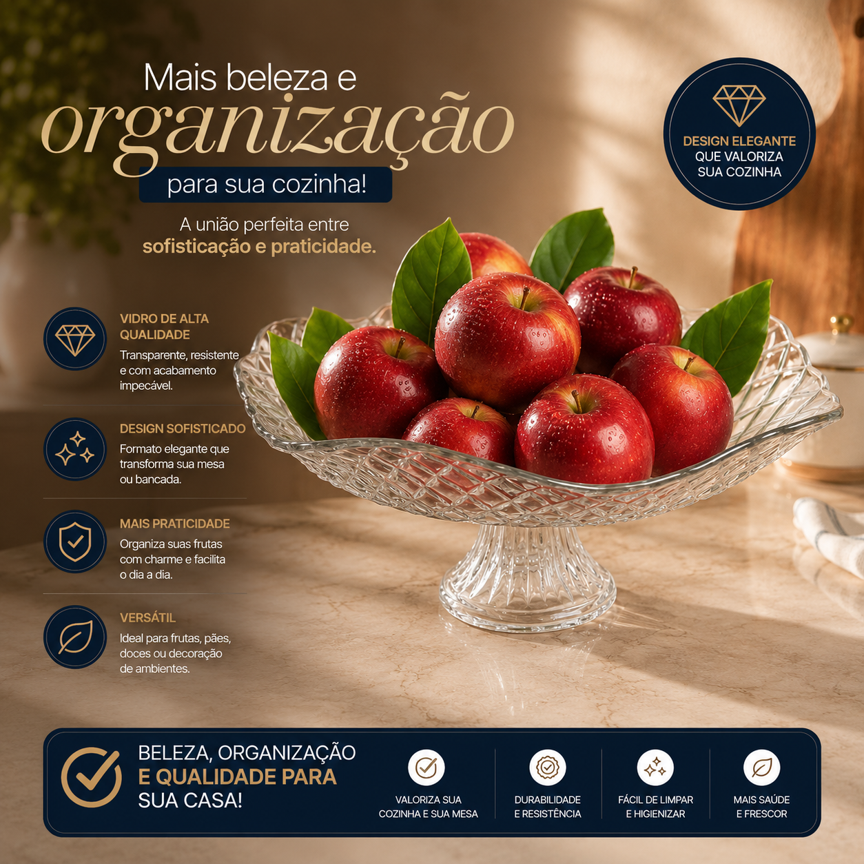 Fruteira de Vidro com Pé Gourmet – Centro de Mesa para Frutas e Saladas