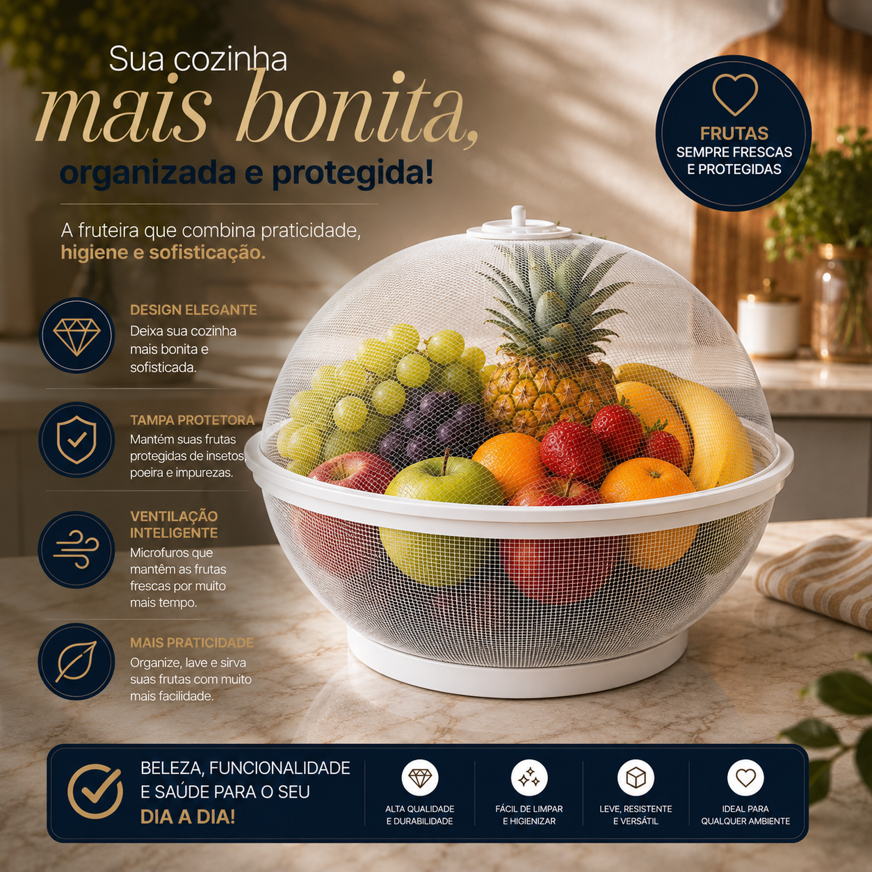 Fruteira Telada 26cm com Tampa – Proteção contra Insetos