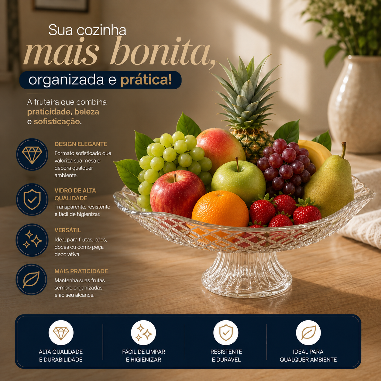 Fruteira de Vidro com Pé Gourmet – Centro de Mesa para Frutas e Saladas