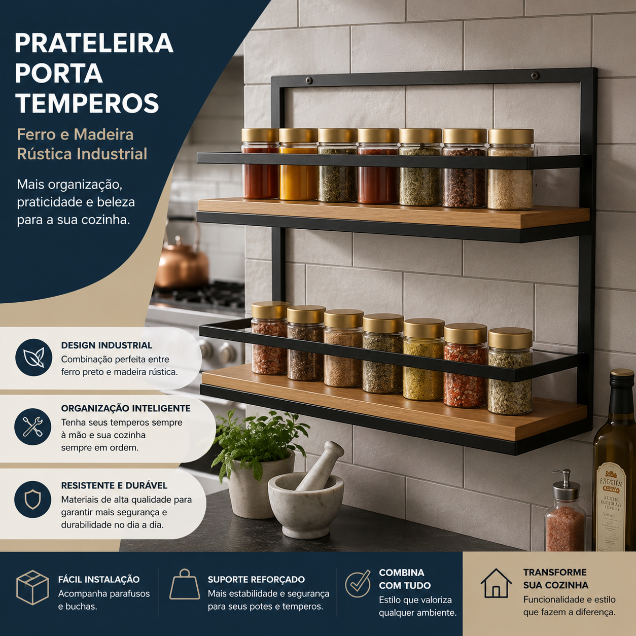 Prateleira Porta Temperos de Parede Ferro e Madeira Rústica Industrial