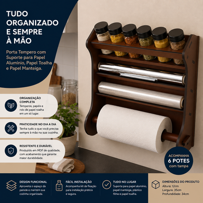 Organizador de Parede para Cozinha Porta Temperos e Papéis com 6 Potes
