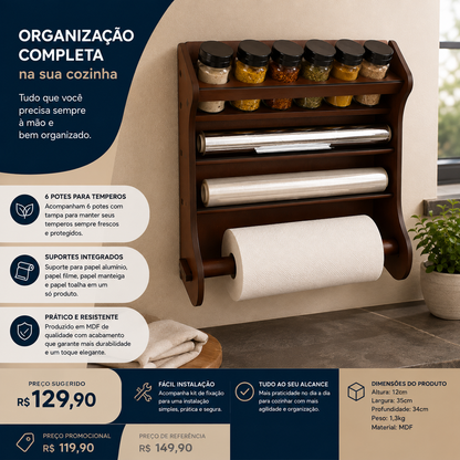 Organizador de Parede para Cozinha Porta Temperos e Papéis com 6 Potes