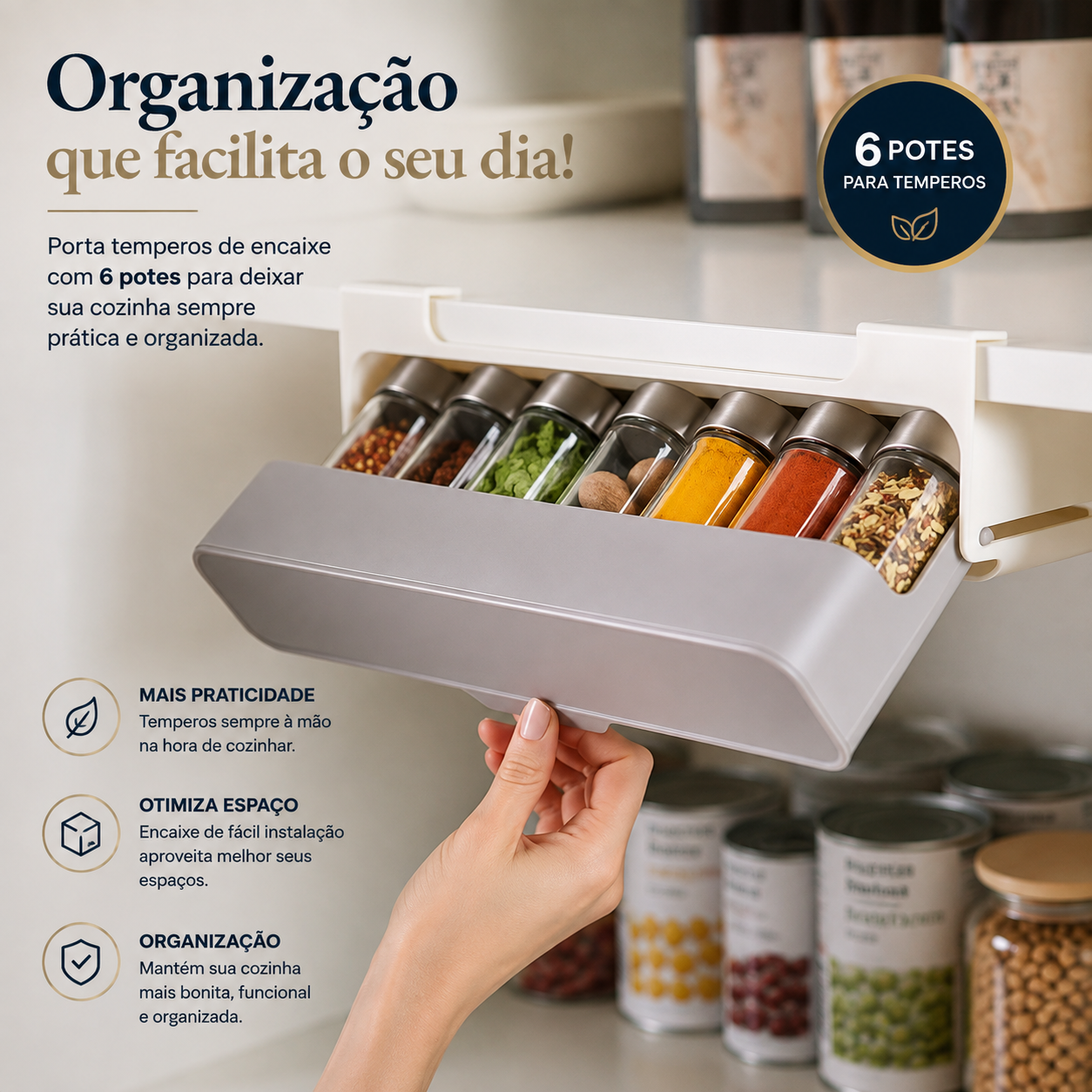 Organizador Porta Temperos Embutido com 6 Potes para Cozinha