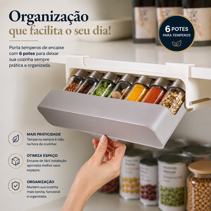 Organizador Porta Temperos Embutido com 6 Potes para Cozinha