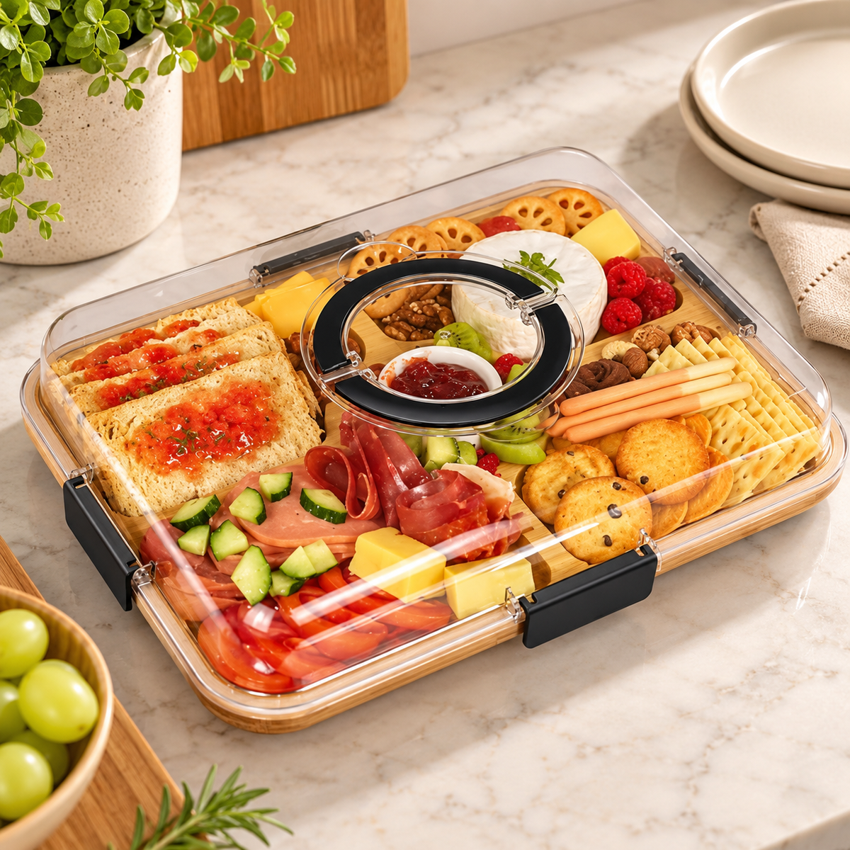Bandeja de Bambu com Tampa Acrílica para Frios e Petiscos