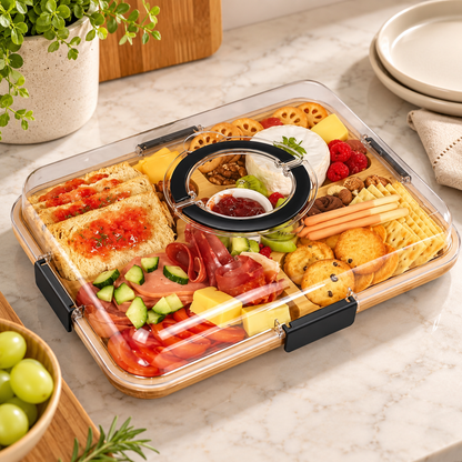 Bandeja de Bambu com Tampa Acrílica para Frios e Petiscos