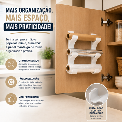 Suporte Organizador de Cozinha para Rolos Sem Furos com Fita Adesiva