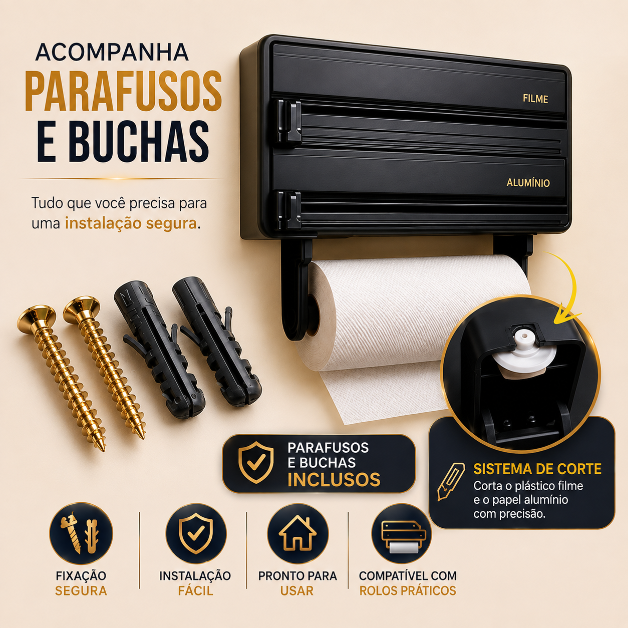 Porta Papel Toalha 3 em 1 com Cortador para Filme PVC e Papel Alumínio