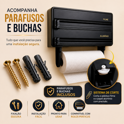 Porta Papel Toalha 3 em 1 com Cortador para Filme PVC e Papel Alumínio