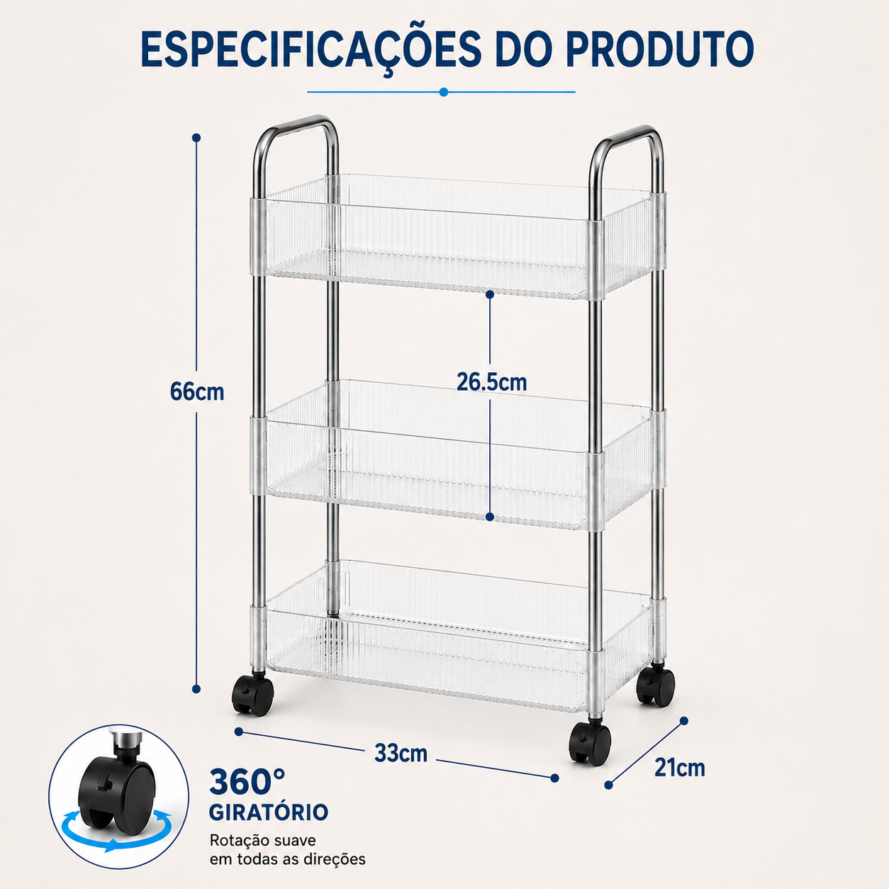 Carrinho Organizador 360° Giratório em Acrílico com Prateleiras e Rodas
