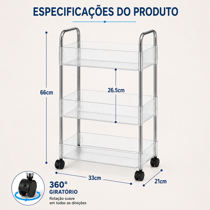 Carrinho Organizador 360° Giratório em Acrílico com Prateleiras e Rodas